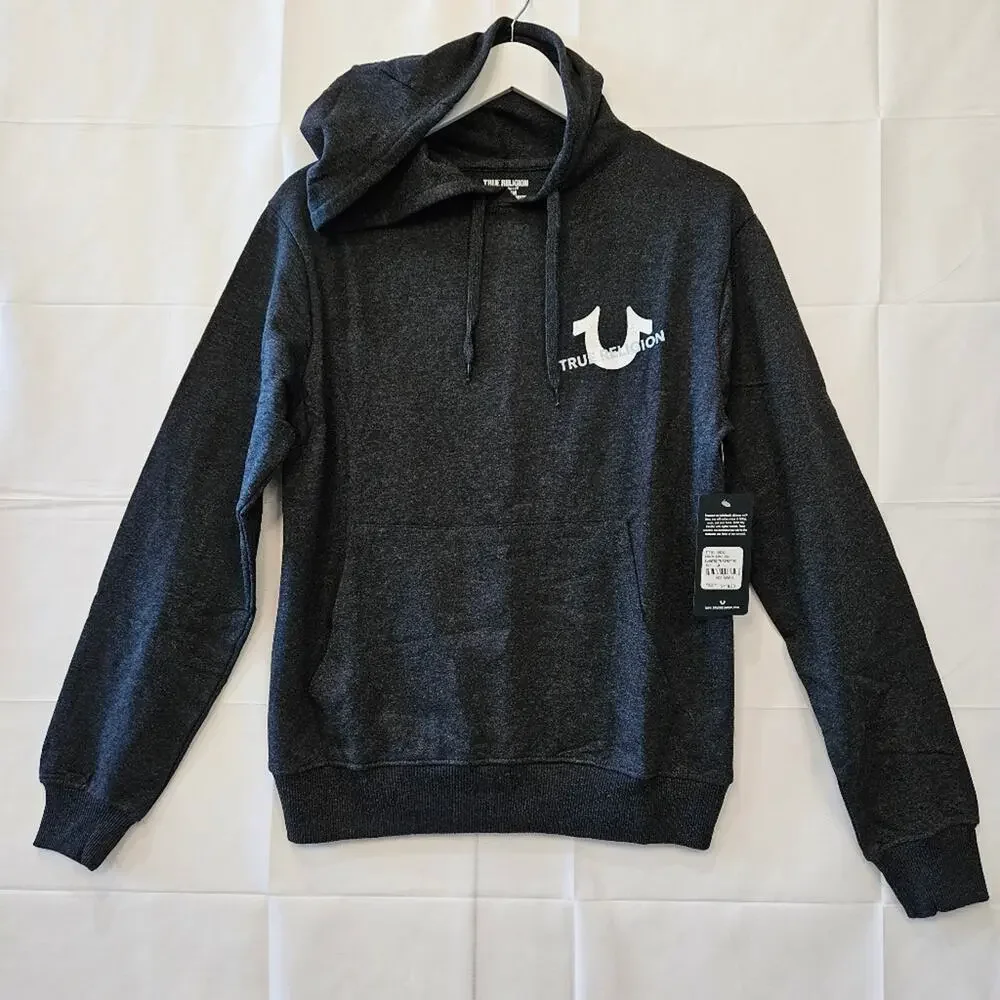 True Religion Hoodie Slanted Repeat Pullover Charcoal Lightweight Medium